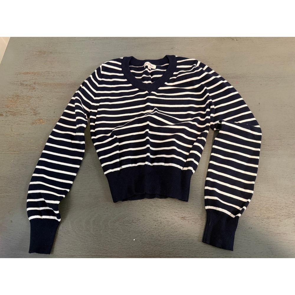 Stella Tweed Navy Blue White Striped V-Neck Cropped Sweater Womens Medium